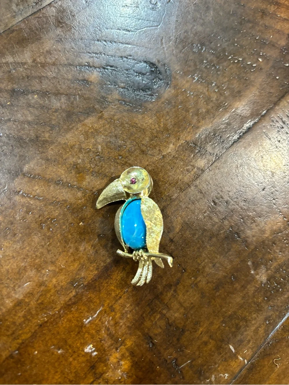 Gold-Tone Parrot Brooch with Turquoise Cabochon and Pink Accent